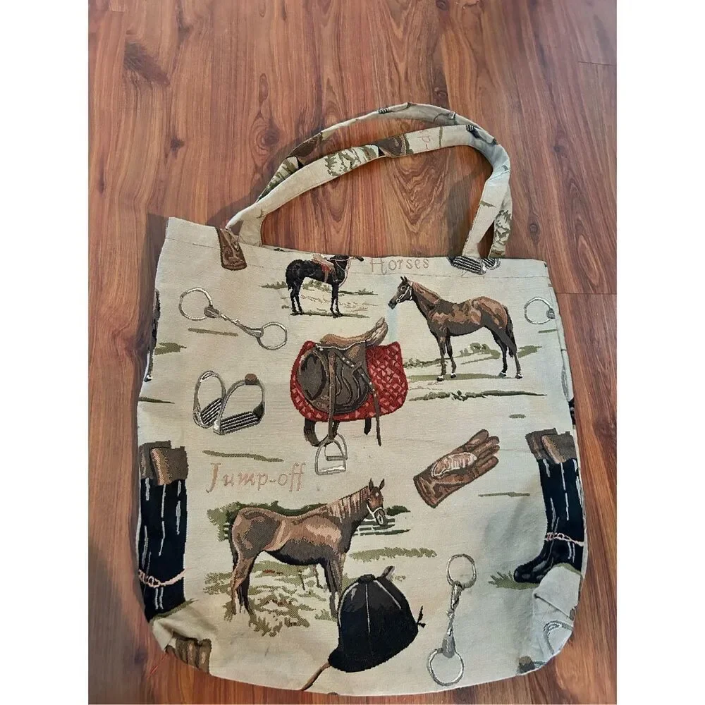 Tapestry racing horse jockey tote bag handmade vintage